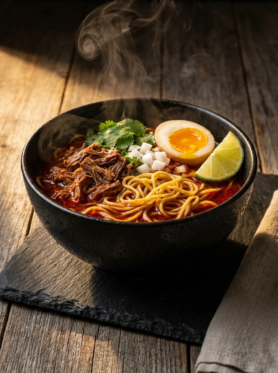 Ultimate Birria Ramen recipe with perfectly emulsified consommé