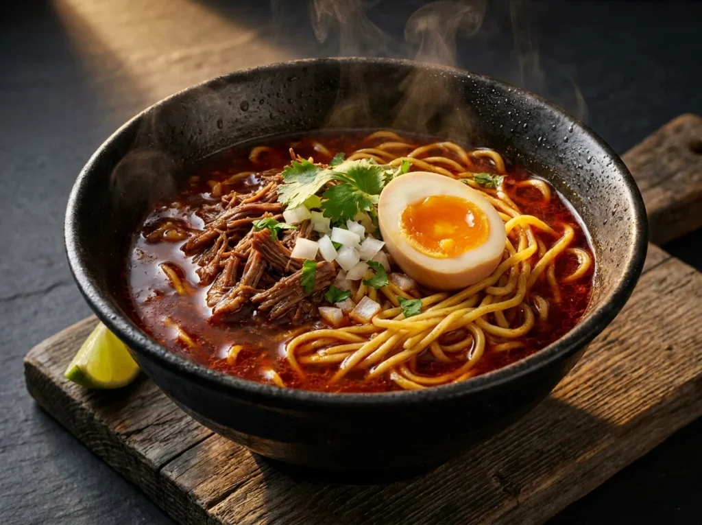 Ultimate Birria Ramen recipe with perfectly emulsified consommé