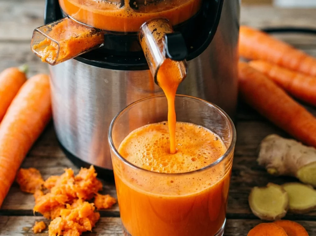 Fresh organic carrots, ginger, and lemon for Morning Glow Juice.