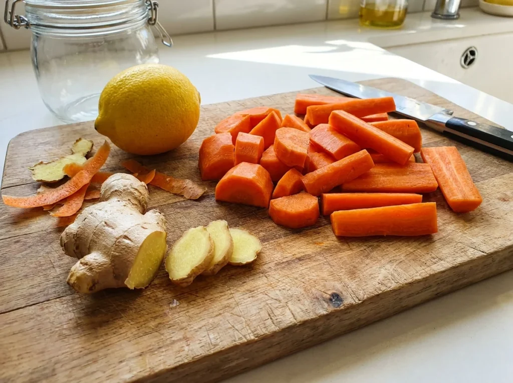 Fresh organic carrots, ginger, and lemon for Morning Glow Juice.