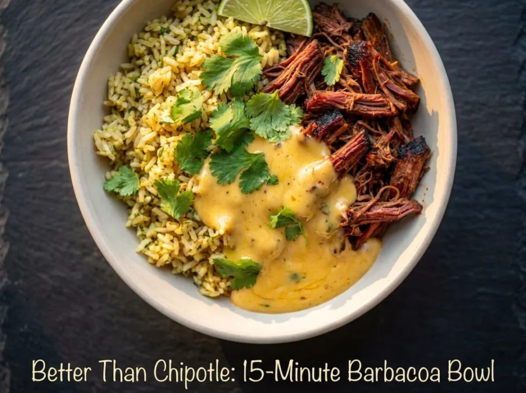 Better Than Chipotle! Easy 15-Minute Barbacoa Bowl Recipe with Cilantro Lime Rice. The ultimate healthy dinner dupe by Chef Albert at Taste Pillar.