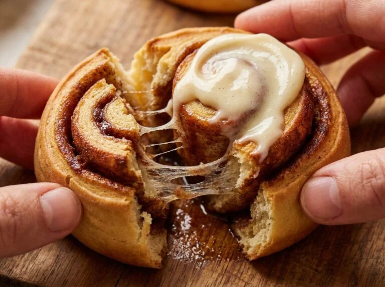 Overnight cinnamon rolls with heavy cream being pulled apart showing fluffy interior and cream cheese frosting