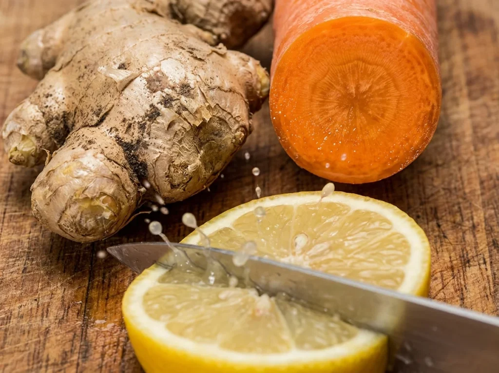 Fresh organic carrots, ginger, and lemon for Morning Glow Juice.
