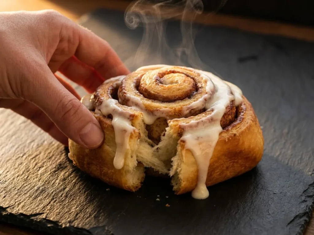 Overnight cinnamon rolls with heavy cream being pulled apart showing fluffy interior and cream cheese frosting