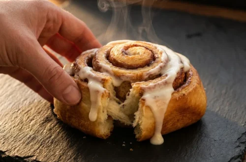 Overnight cinnamon rolls with heavy cream being pulled apart showing fluffy interior and cream cheese frosting