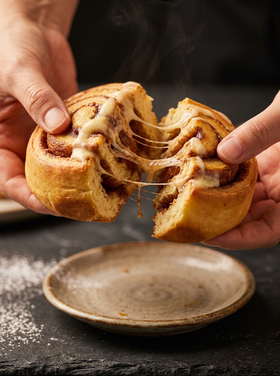 Overnight cinnamon rolls with heavy cream being pulled apart showing fluffy interior and cream cheese frosting