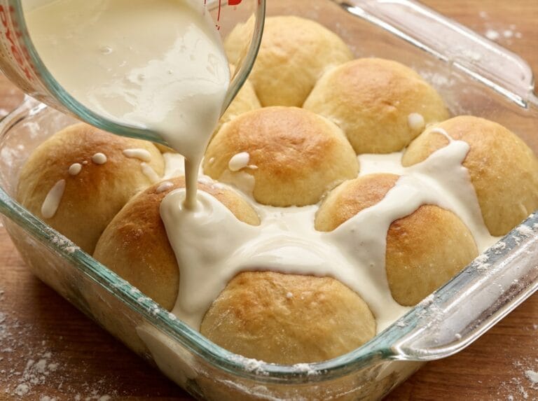 Overnight cinnamon rolls with heavy cream being pulled apart showing fluffy interior and cream cheese frosting