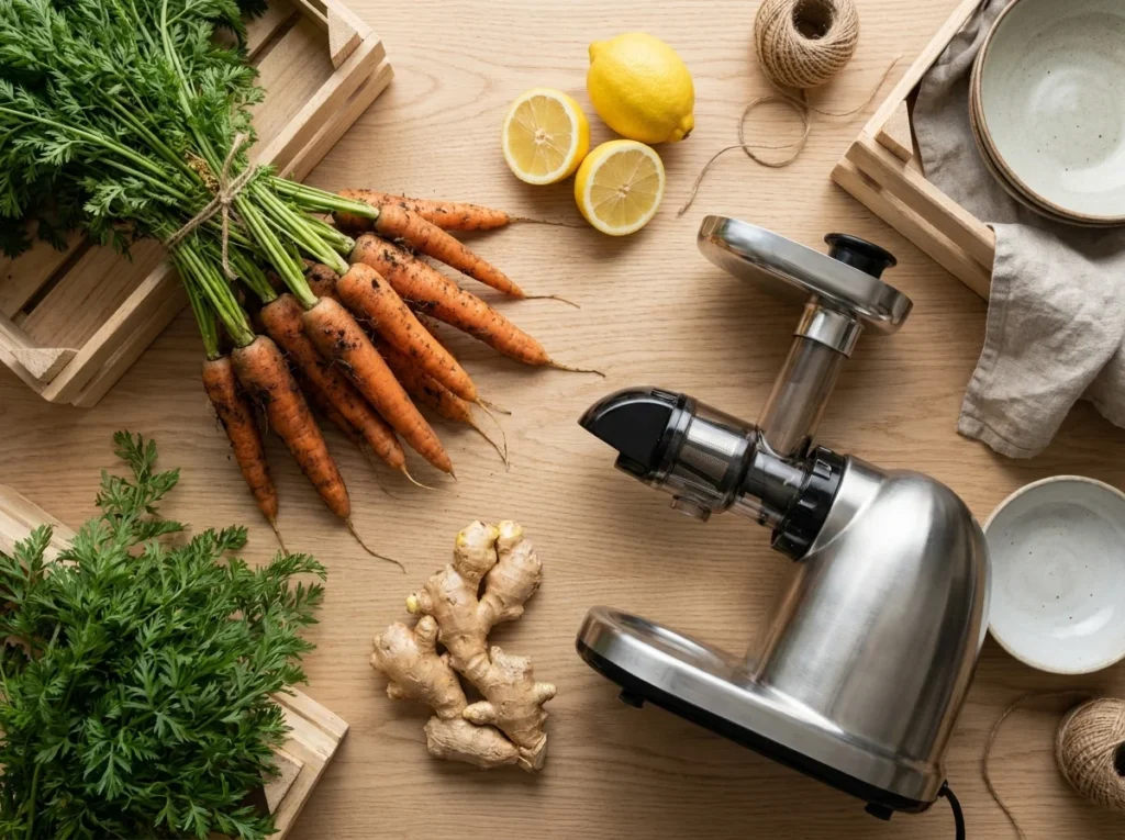 Fresh organic carrots, ginger, and lemon for Morning Glow Juice.