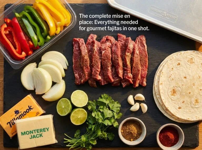 Sizzling Sheet Pan Steak Fajitas with melted cheese and colorful bell peppers on a dark slate background, zero cleanup recipe.