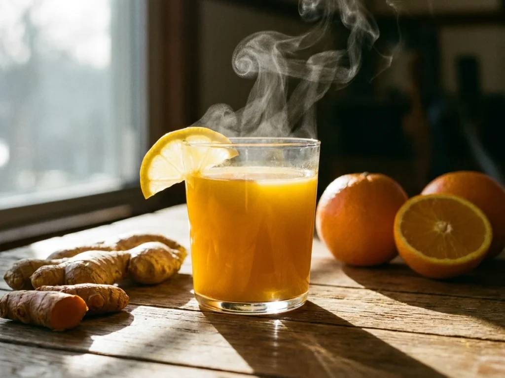 Fresh organic carrots, ginger, and lemon for Morning Glow Juice.