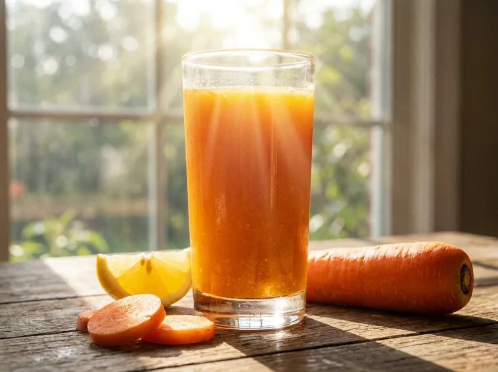 Fresh organic carrots, ginger, and lemon for Morning Glow Juice.