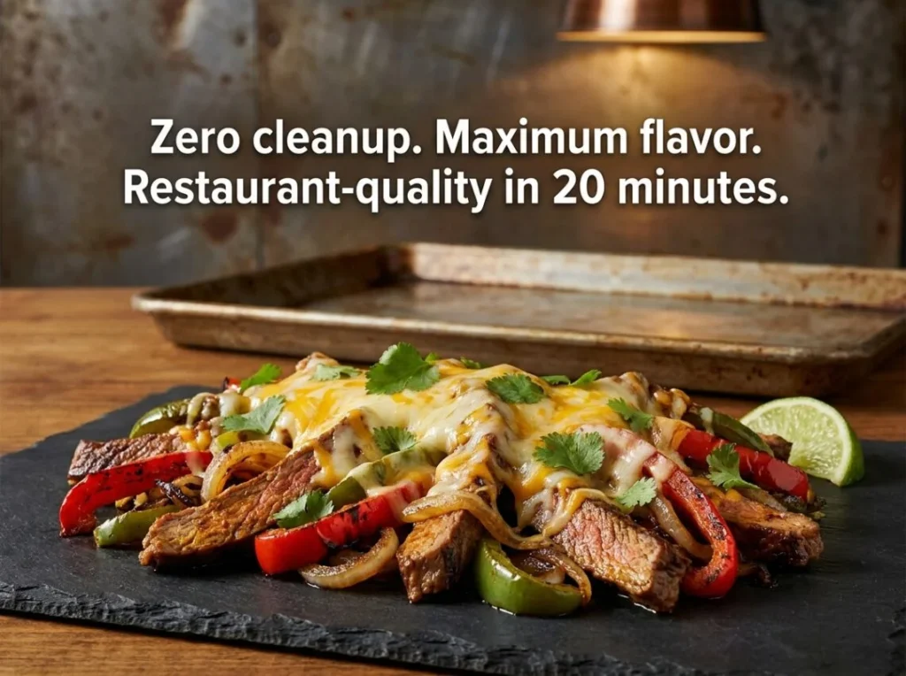 Sizzling Sheet Pan Steak Fajitas with melted cheese and colorful bell peppers on a dark slate background, zero cleanup recipe.