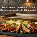 Sizzling Sheet Pan Steak Fajitas with melted cheese and colorful bell peppers on a dark slate background, zero cleanup recipe.