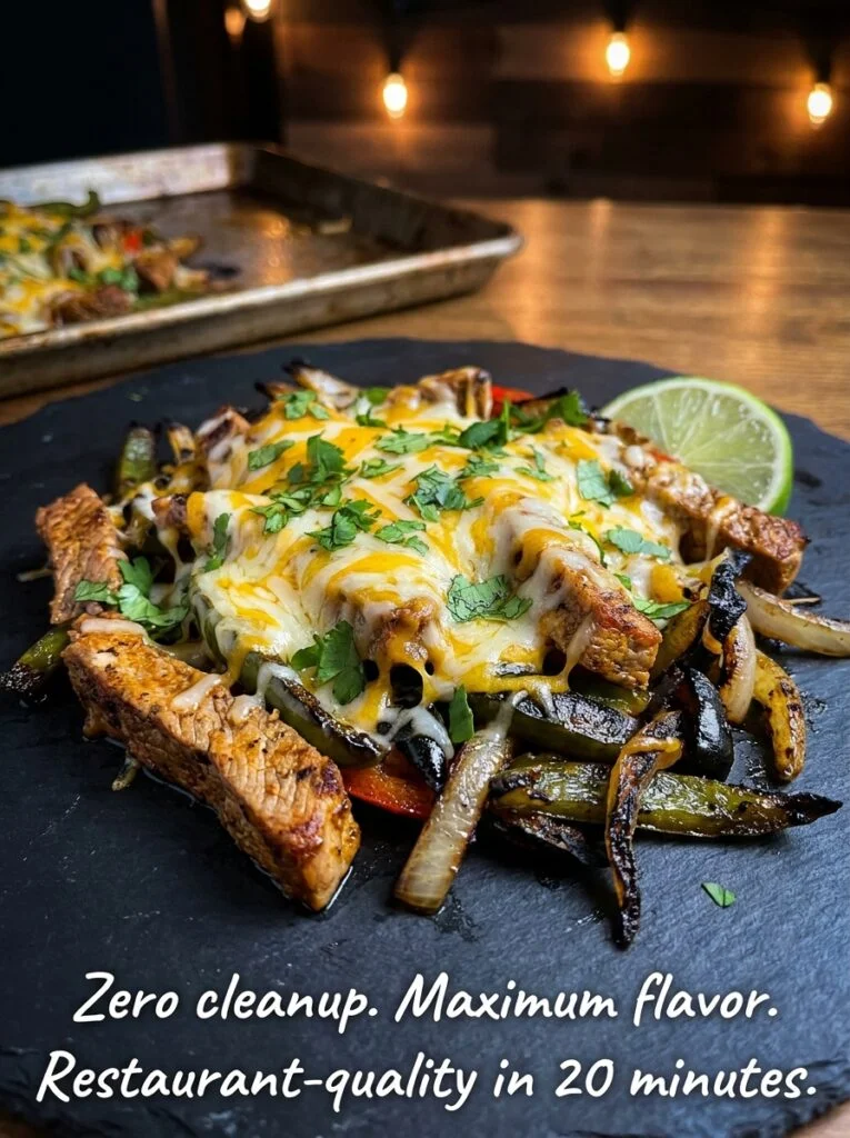 Sizzling Sheet Pan Steak Fajitas with melted cheese and colorful bell peppers on a dark slate background, zero cleanup recipe.