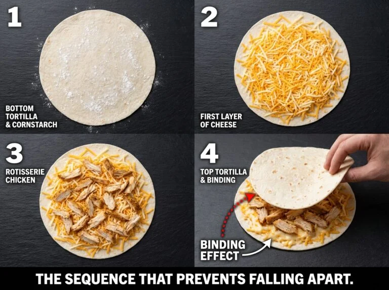 Step-by-step assembly of cheesy baked chicken quesadillas showing layering sequence