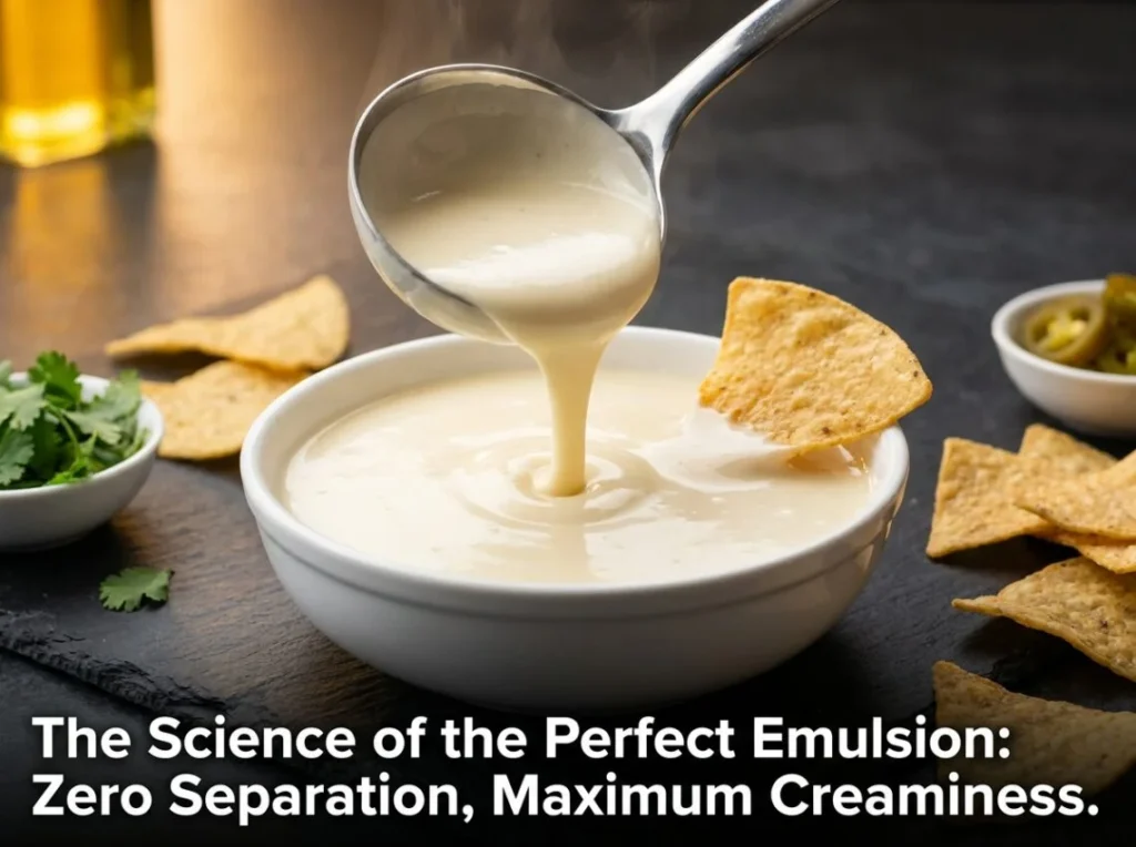Creamy white queso dip being poured from a ladle showing perfect smooth texture with zero separation