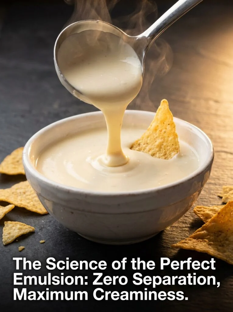 Creamy white queso dip being poured from a ladle showing perfect smooth texture with zero separation