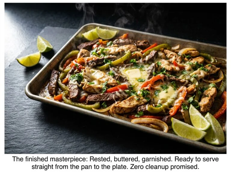 Sizzling Sheet Pan Steak Fajitas with melted cheese and colorful bell peppers on a dark slate background, zero cleanup recipe.