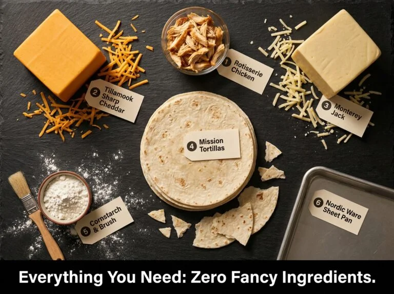 Step-by-step assembly of cheesy baked chicken quesadillas showing layering sequence