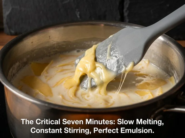 Creamy white queso dip being poured from a ladle showing perfect smooth texture with zero separation