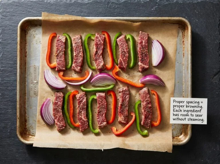 Sizzling Sheet Pan Steak Fajitas with melted cheese and colorful bell peppers on a dark slate background, zero cleanup recipe.
