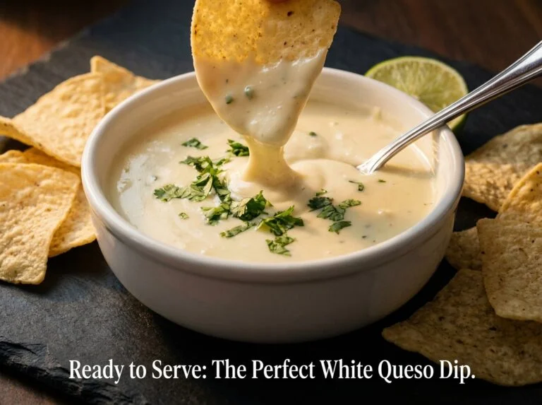Creamy white queso dip being poured from a ladle showing perfect smooth texture with zero separation